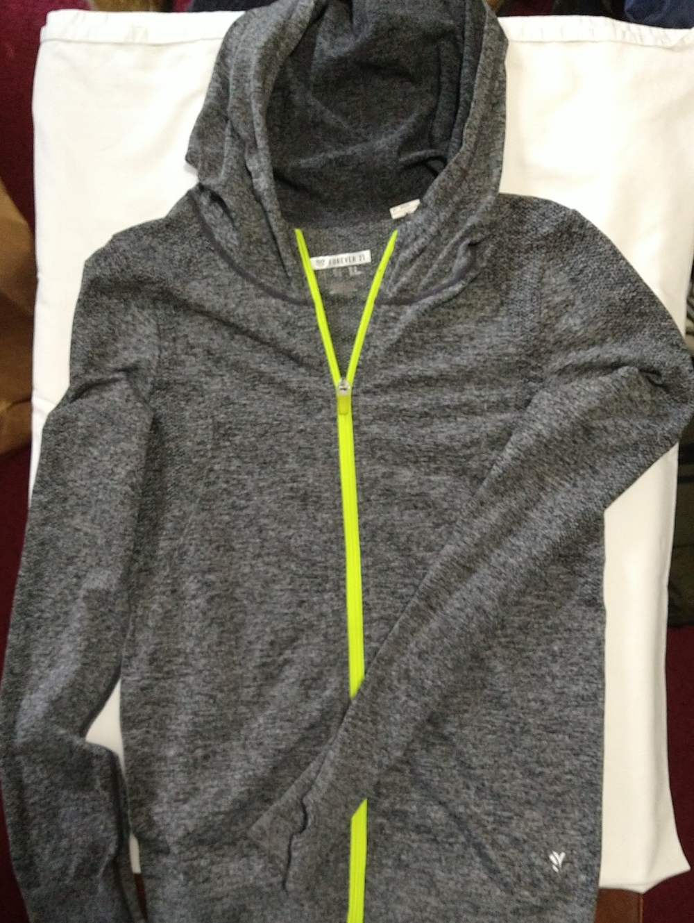 Forever 21 Youth Gray Hooded Zip-Up Jacket with Neon Yellow Zipper